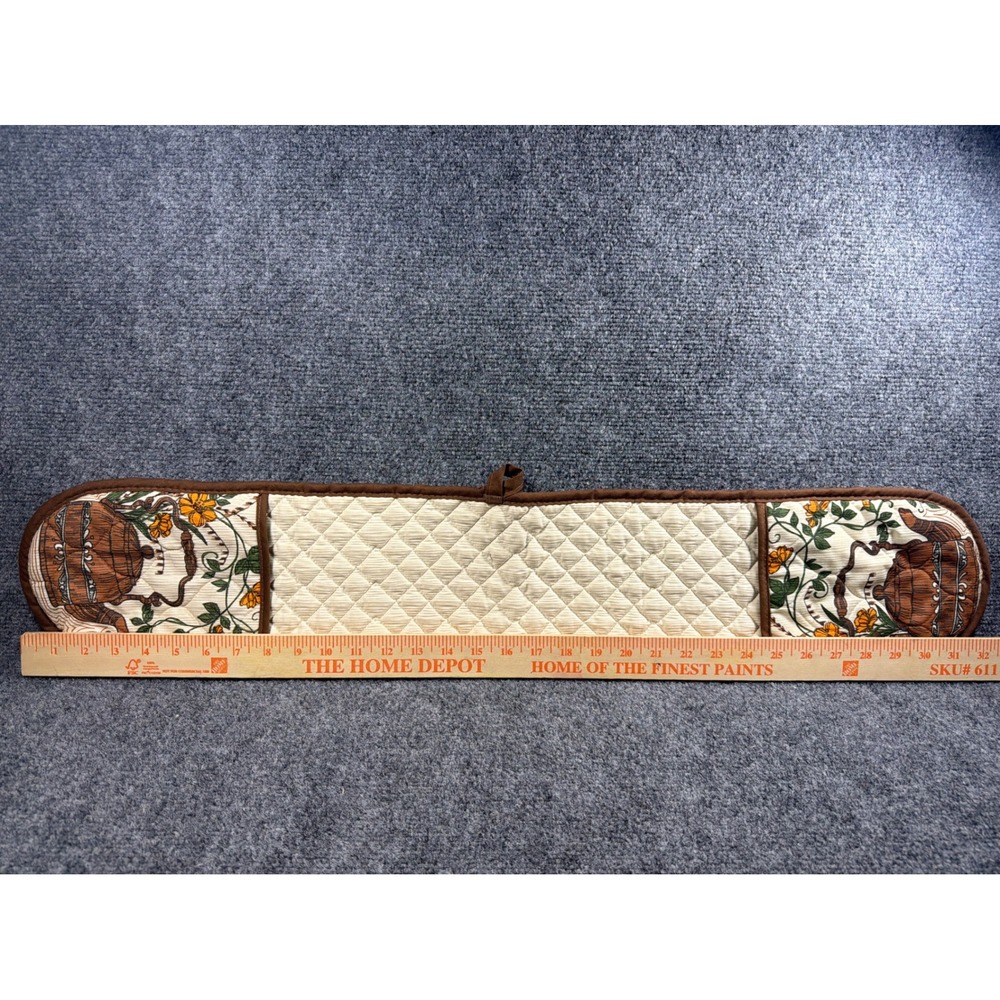 Vintage Double Oven Mitt Quilted Teapot Floral Print Brown Cream Pot Holder - Picture 2 of 5